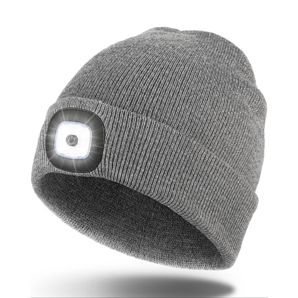 New! Gray Ribbed Knit LED Head Light Rechargeable Beanie Unisex